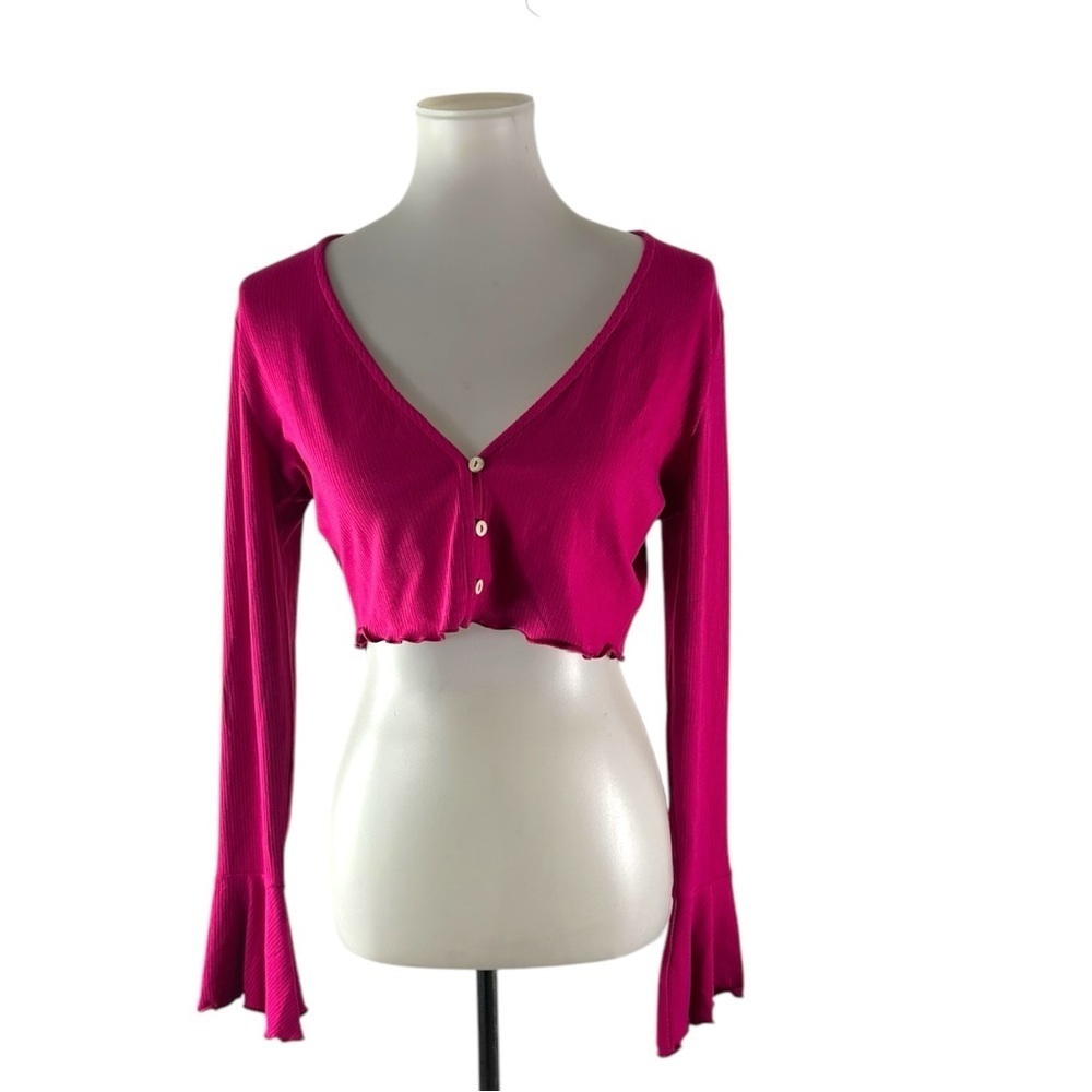 Free People Intimately Cropped Pink Ribbed Flare Sleeve Top Size Large NEW NWT